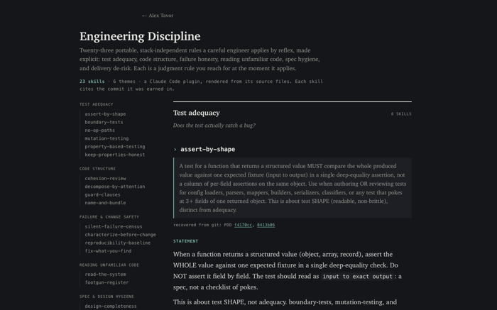 The Engineering Discipline reference, skills grouped by theme with provenance links